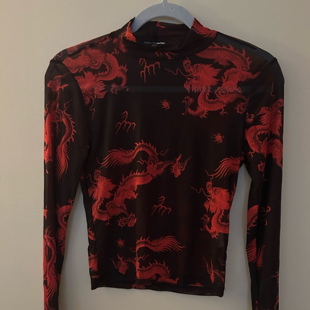 Fashion Nova sheer long sleeve dragon printed top
